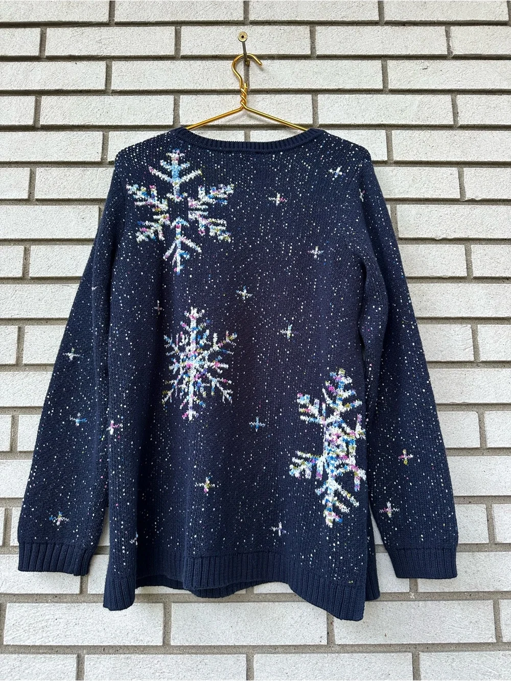 J.Jill Navy Tweeded Snowflake Sweater L Winter Holiday Cozy Christmas Knit